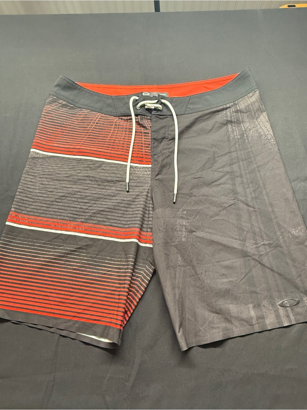 Oakley Gray & Red Striped Swim Board Shorts